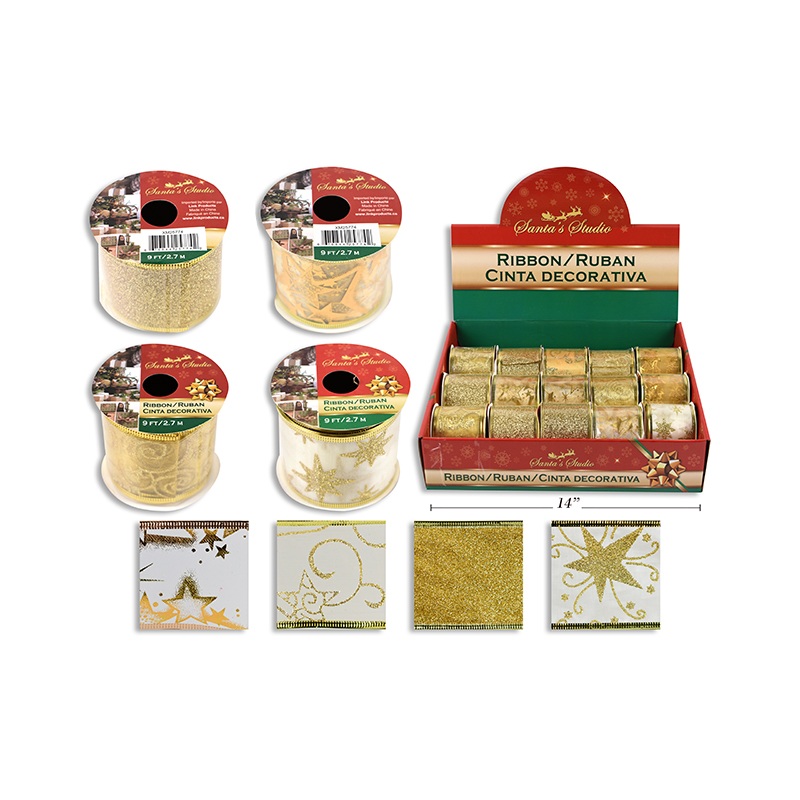 Xmas Gold White Wired Ribbon
