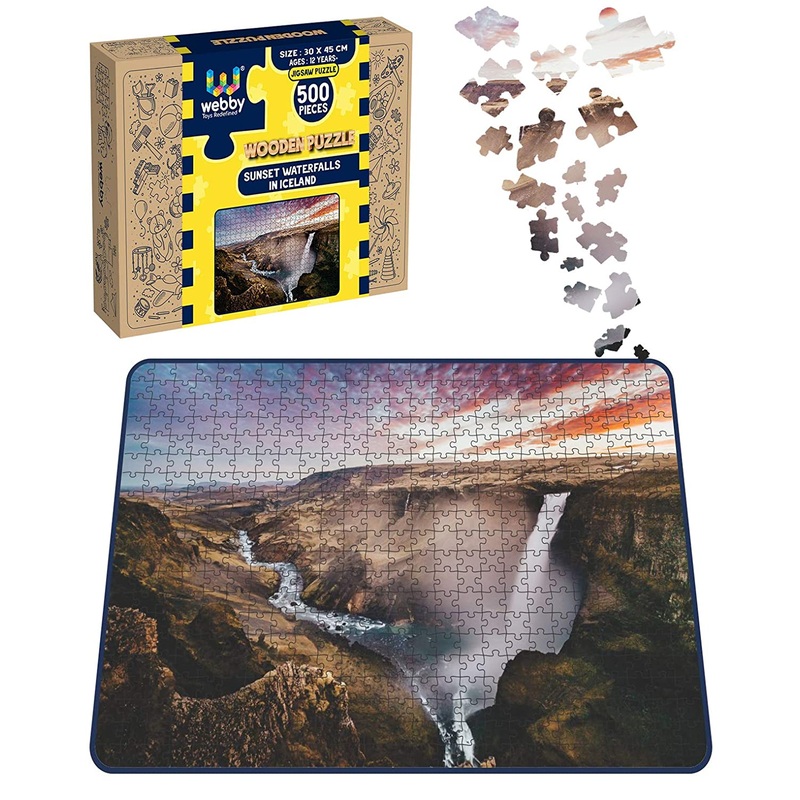 Webby Sunset Waterfalls in Iceland Wooden Jigsaw Puzzle, 500 pieces
