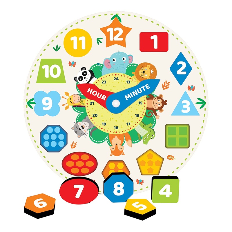 Webby Wooden Early Educational Teaching Clock -Time & Shapes (Round)