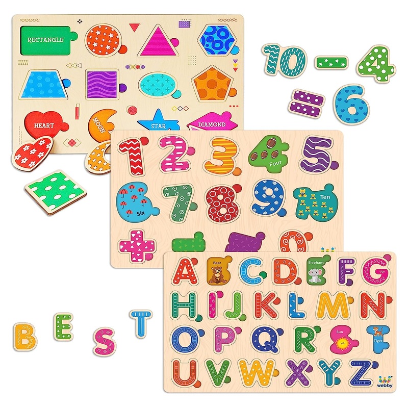 Webby Wooden Educational Colorful Alphabets, Counting Numbers and Shapes Puzzle for Preschool Kids - Set of 3