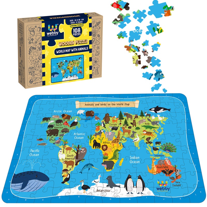 Webby World Map with Animals Wooden Jigsaw Puzzle, 108 Pieces