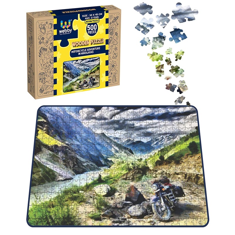 Webby Motorcycle Adventure in Himalayas Wooden Jigsaw Puzzle, 500 pieces