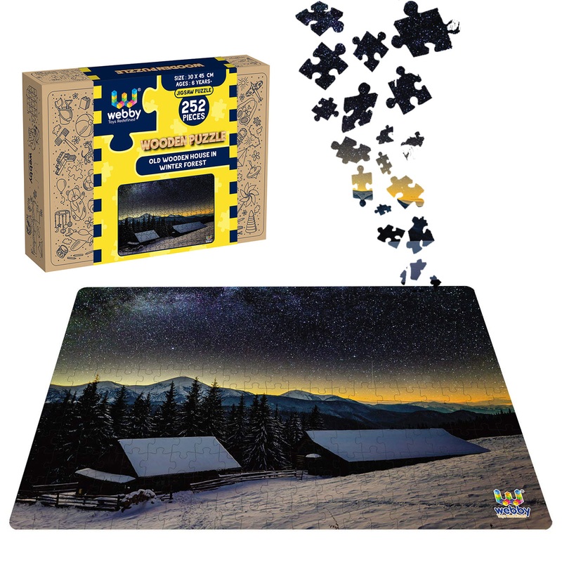 Webby Old Wooden House in Winter Forest Wooden Jigsaw Puzzle, 252 pieces