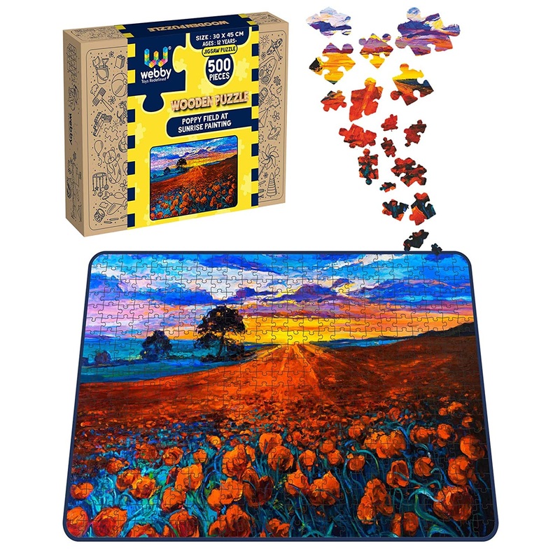 Webby Poppy Field at Sunrise Painting Wooden Jigsaw Puzzle, 500 pieces