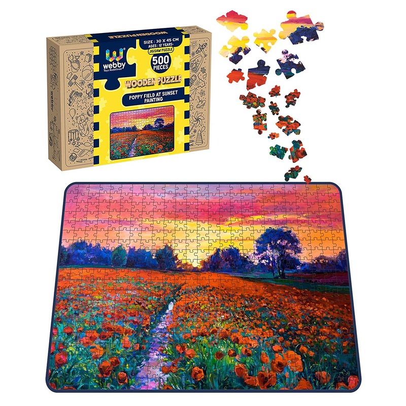 Webby Poppy Field at Sunset Painting Wooden Jigsaw Puzzle, 500 pieces