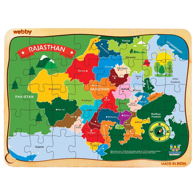 Webby Rajasthan Map Wooden Floor Puzzle, 40 Pcs