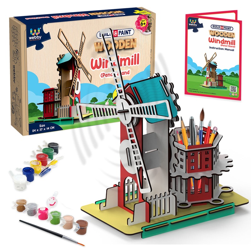 Webby DIY Art and Craft Wooden Mechanical Windmill with Rotating Pen Stand