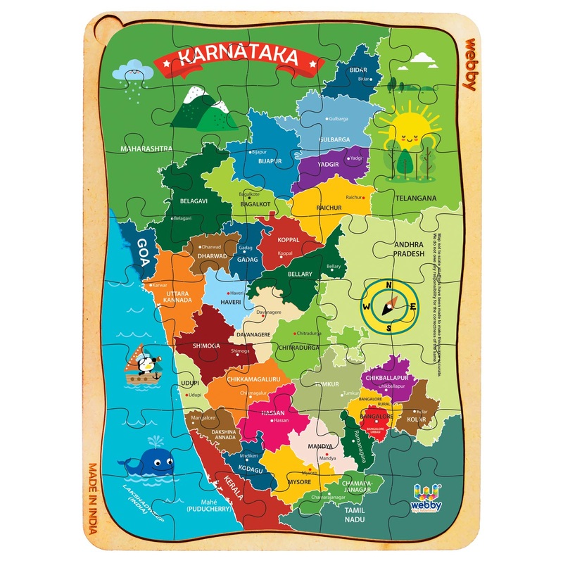 Webby Karnataka Map Wooden Floor Puzzle, 40 Pcs