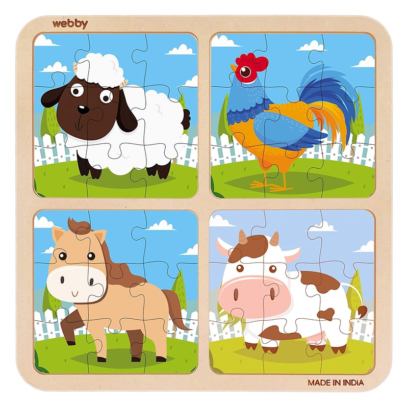 Webby 4 in 1 Farm Animals Wooden Puzzle Toy, 36 Pcs