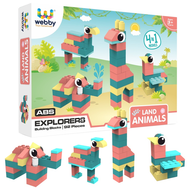 Webby 4 in 1 Land Animals ABS Building Blocks Kit, 92 Pcs