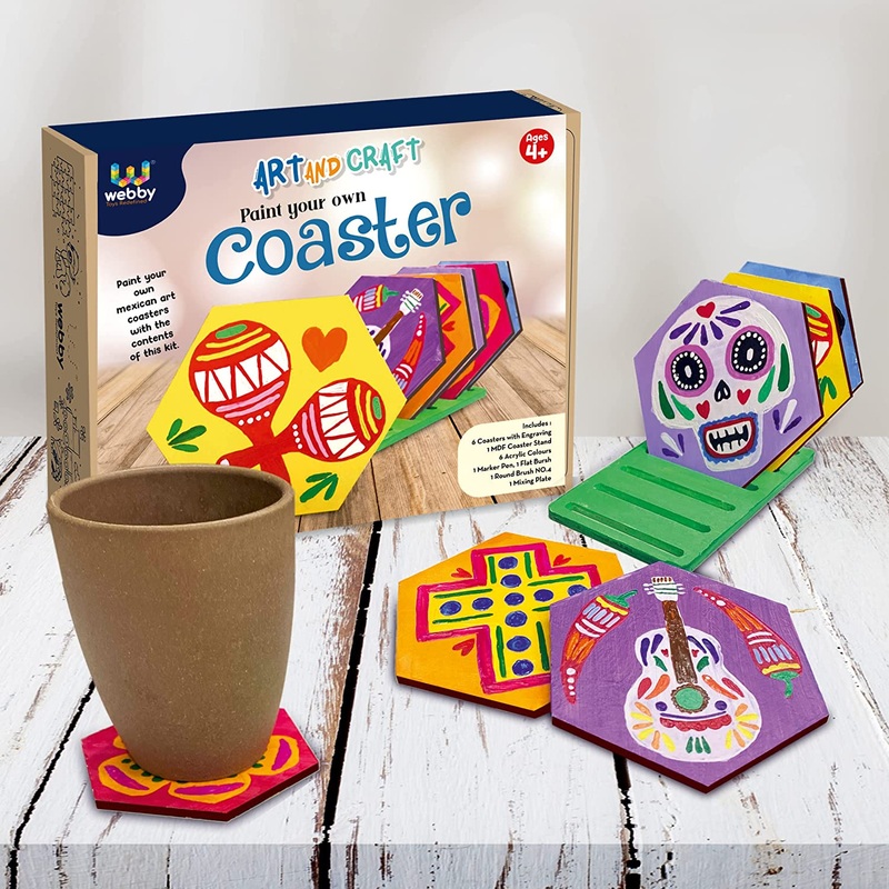 Webby Art and Craft DIY Paint Wooden Coaster with Stand (Set of 6)