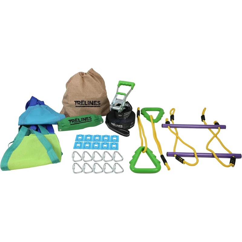 Trelines Swingset Gymnastics Kit 36' - Create an Affordable Swing Set, Slackline & Gymnastics Line - 2 Swings, Double Trapeze bar, 2 Ninja Tree Gym Rings - for Boys and Girls 3+ Holds 500 lbs+