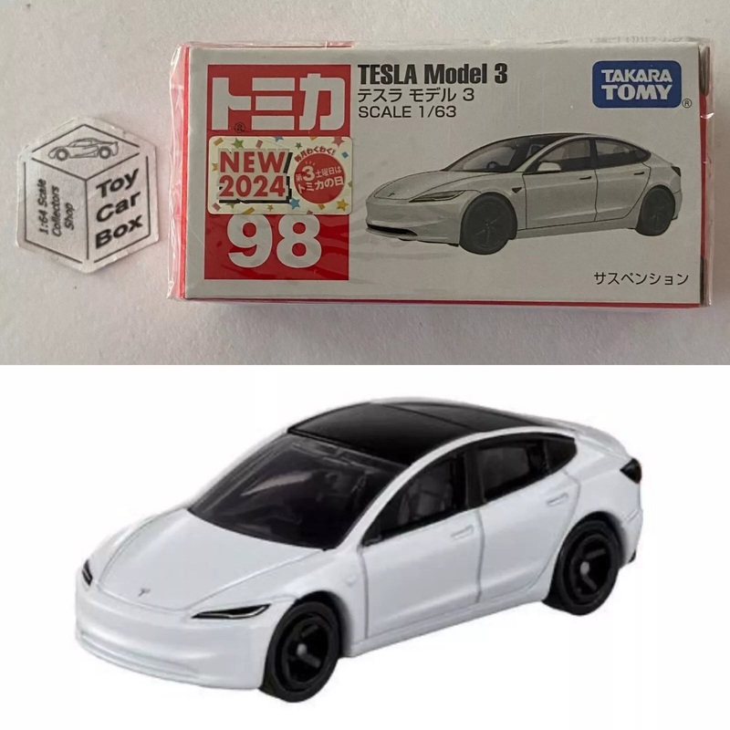 TOMICA Regular #98 - Tesla Model 3 (White - 1/63 Scale - Boxed) E75g