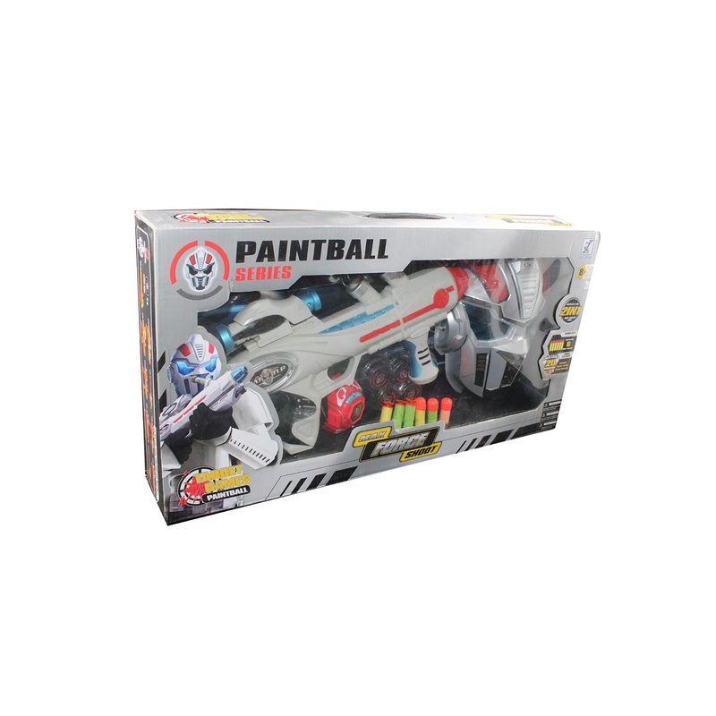 White gun and mask set with launchers from paintball