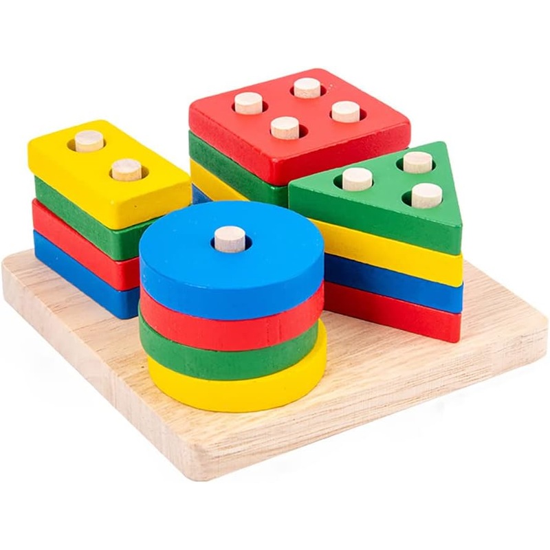 YelaJoy Wooden Stacking Montessori Toys, Toddler Puzzle Colorful Shape Sorter Stacker, Baby Wooden Toys for Early Development & Fine Motor Skills, Toddler Puzzles (Standard Geometric Shapes)