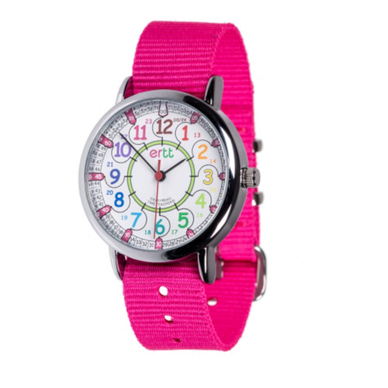 "EasyRead Time Teacher 12/24 Hour Watch -  Rainbow Face with Pink Strap"