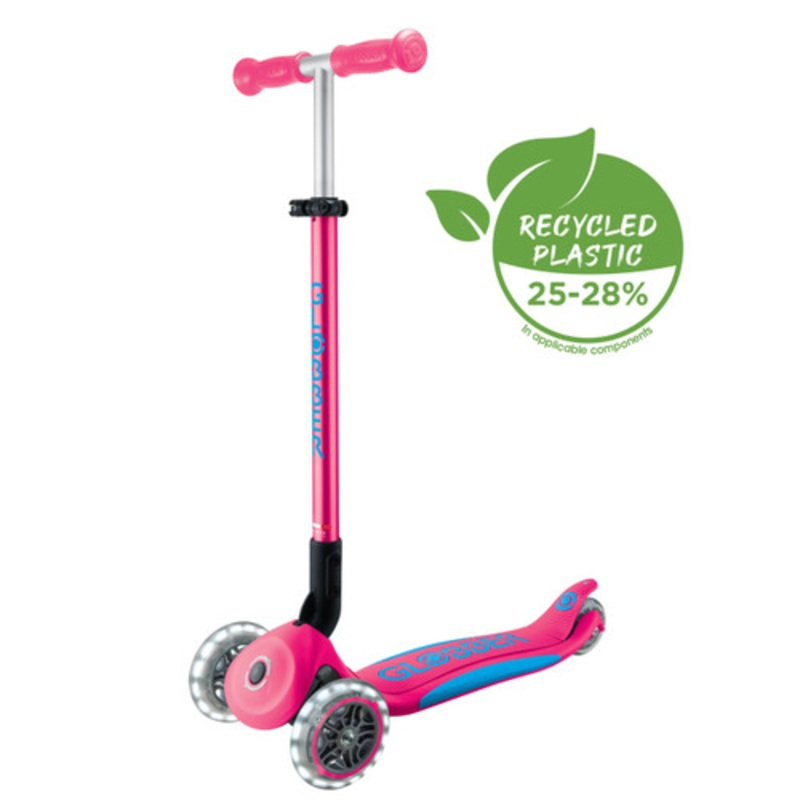 "Globber PRIMO Foldable Plus Scooter with Lights V2 - Fushia Pink/ Sky Blue"