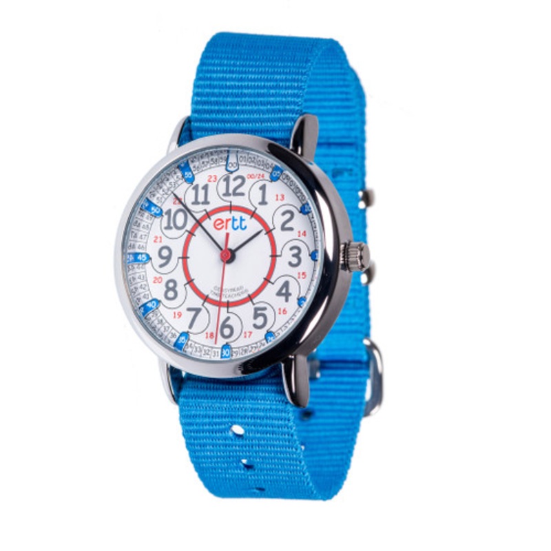 "EasyRead Time Teacher 12/24 Hour Watch - Red/Blue Face with Sky Blue Strap"