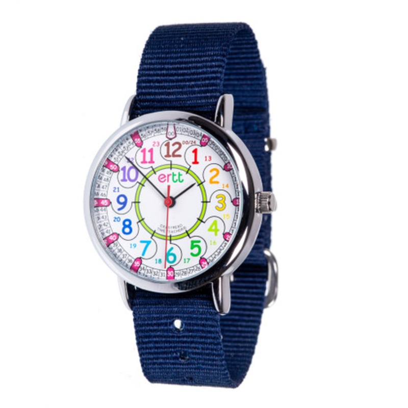 "EasyRead Time Teacher 12/24 Hour Watch -  Rainbow Face with Navy Strap"