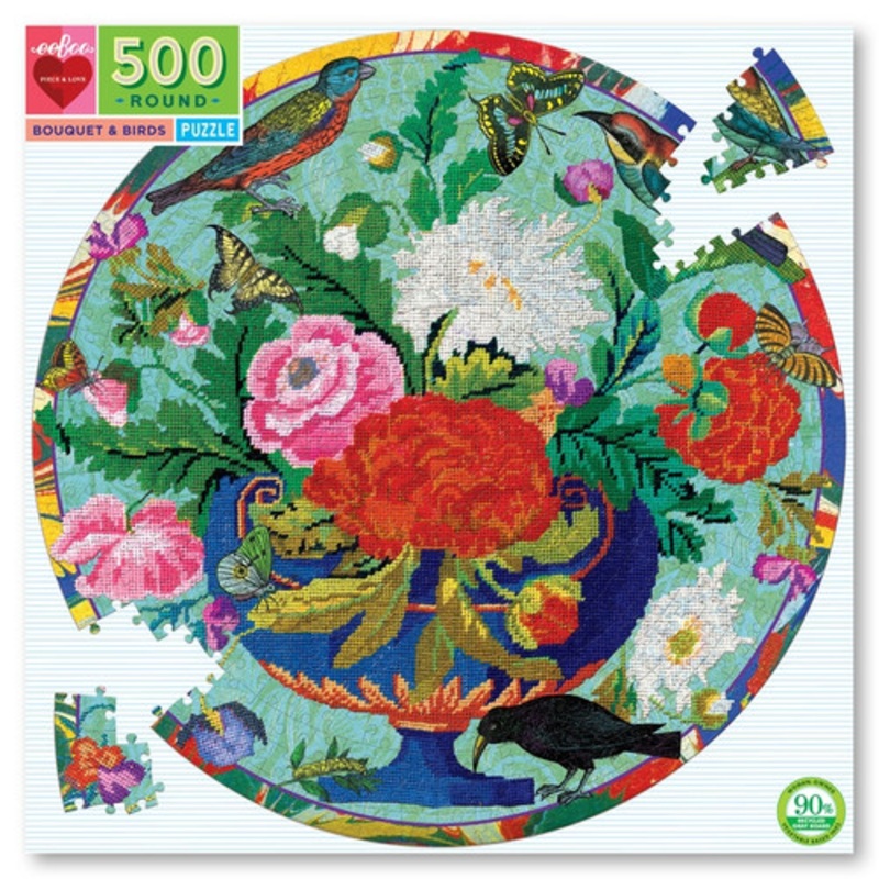 "eeBoo 500pc Round Puzzle - Bouquet & Birds"
