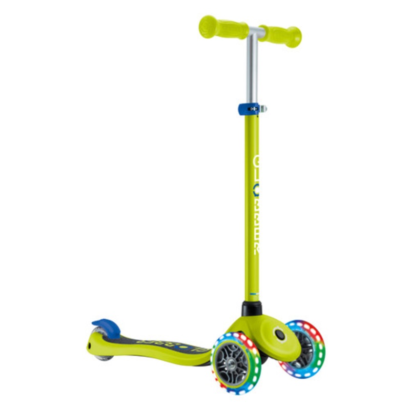 "Globber PRIMO V2 Scooter with Lights and Griptape - Lime Green/ Navy Blue"