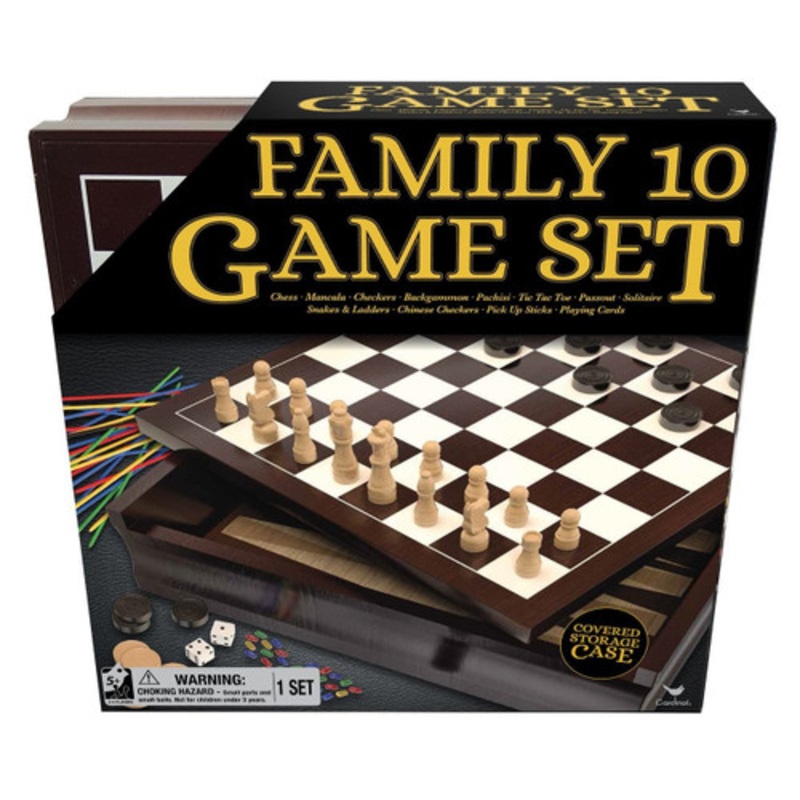 "Classic Wooden 10 Game Set in Cabinet"