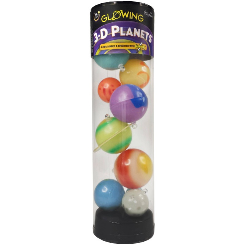 "Glowing 3D Planets in Tube"