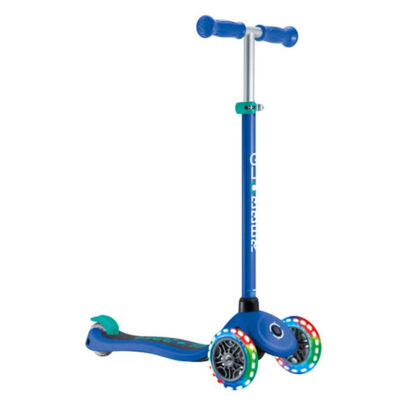 "Globber PRIMO V2 Scooter with Lights and Griptape - Navy Blue/ Emerald Green"